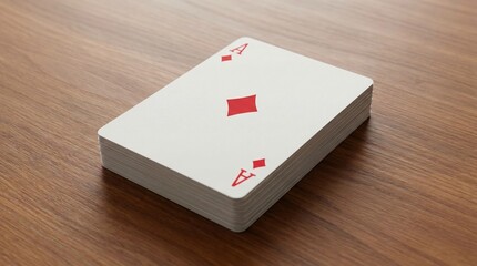 A close-up stack of playing cards with ace of diamonds on top, realistic graphic style on wooden background. Concept of hobby, game, and strategy. Ai generative