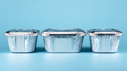 Three Aluminum Foil Food Containers on Blue Surface.