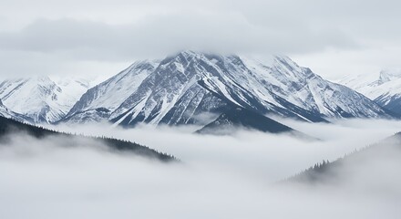 Obraz premium Snow-capped peaks emerge from mist, clouds surround mountains. Monochromatic, cool tones
