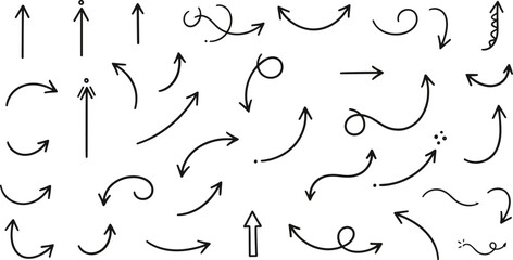 Hand drawn arrow icon set with curved, straight and decorative arrows, doodle style vector collection for navigation, direction and infographic design © Rumi