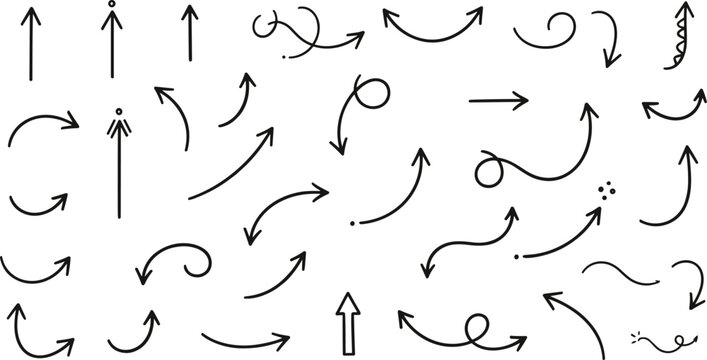 Hand drawn arrow icon set with curved, straight and decorative arrows, doodle style vector collection for navigation, direction and infographic design
