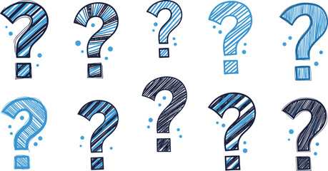 Hand drawn question mark icon set in blue sketch style, doodle vector collection for FAQ, help, uncertainty and inquiry design concepts © Rumi