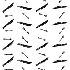 Seamless black knife and fork pattern on transparent background.
