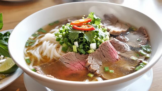Close Up of Delicious and Aromatic Pho Bo Soup With Beef and Fresh Herbs