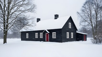 Black traditional wooden house with white roof and red door standing in deep winter snow