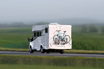 Scenic nature journey with camper and bicycle