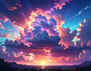 Dramatic cloudscape with vibrant colors. Lightning strikes the setting sun