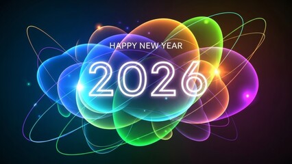 A vibrant abstract design wishing happy new year 2026 with glowing futuristic elements