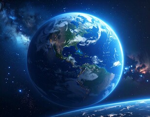 Digitally created view of Earth, showing continents and oceans, space backdrop