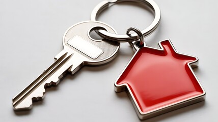 Shiny New Silver House Key with Red Home Shape Keychain Fob on Clean White Background Representing Real Estate Investment, Mortgage, and Home Security Concepts.