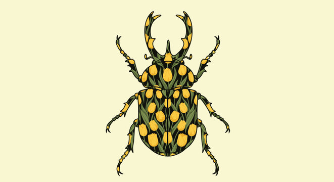 An artistic and highly stylized illustration of a stag beetle adorned with intricate yellow tulip and green foliage patterns across its body, set against a calming pale yellow backdrop.