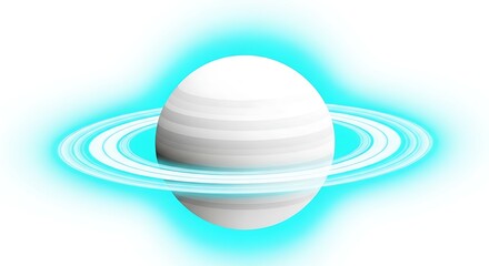 Futuristic Saturn-like Planet Icon: Minimalist Abstract 3D Render of a White Sphere with Glowing Cyan Rings, Isolated on White Background for Science and Technology Design.
