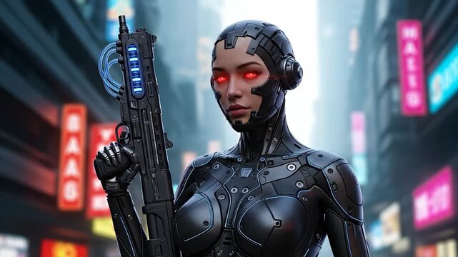 Cyberpunk Android Assassin in Neon Cityscape - A Futuristic Vision.