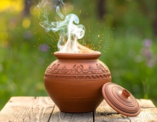 Earthenware pot with smoke against a soft green backdrop