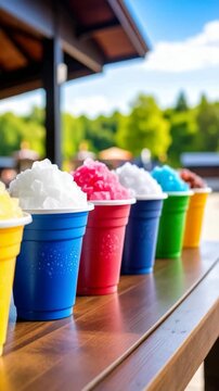 Row of colorful shaved ice cups on wooden table with blurred park background on a summer day, refreshing treats