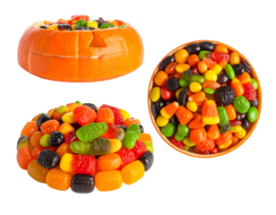 Seasonal treats in pumpkin, bowl, and piled display