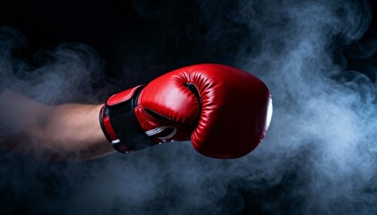 Red Boxing Glove Power Punch on Dark Background with Smoke and Fire Effects