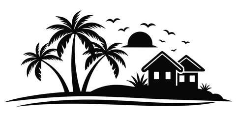 Obraz premium A tranquil tropical scene depicts palm trees a small thatched roof house and birds against a setting sun backdrop