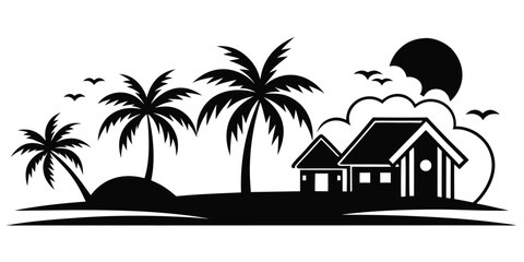 Obraz premium a tropical scene depicting a small house nestled among palm trees under a dark silhouetted moon