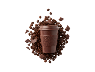 Gorgeous chocolate takeaway cup filled with coffee beans and scattered chocolate pieces on a plain white background. An abstract design template set against a white backdrop. Food and drink theme.