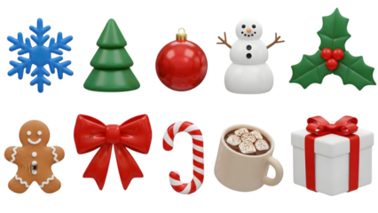 Colorful christmas icons and symbols isolated on transparent background for holiday decoration