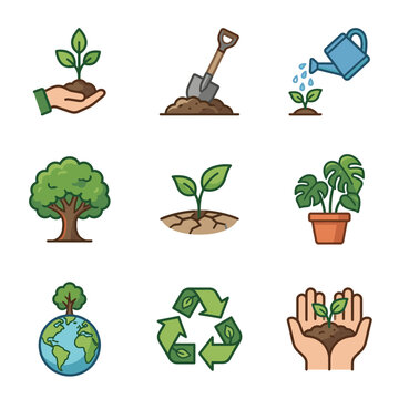 Gardening, Planting, and Ecology Icons Set: Nature, Reforestation, Green Earth, Shovel, Watering Can, and Recycle Symbols