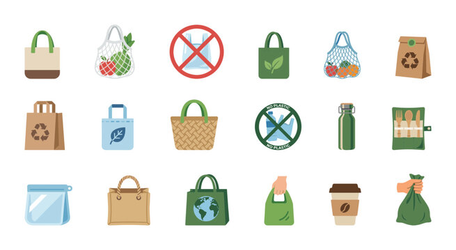 Eco-Friendly Shopping and Zero Waste Icons Set: Reusable Bags, No Plastic Sign, Mesh Totes, and Sustainable Consumer Lifestyle