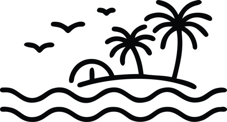 A simple black and white illustration depicts a tropical island with palm trees and birds flying overhead © Sadhin07