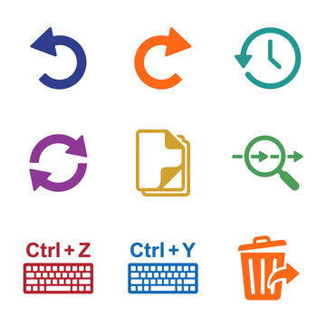 Undo, redo, and file management icon set: back arrow, refresh, history, document copy, search, keyboard shortcuts and recycle bin vector illustration