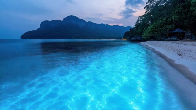 Bioluminescence sea glowing along tropical beach at dusk with turquoise blue bay glow