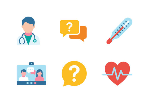 Medical consultation and health Q&A icon set: doctor, questions, thermometer, video chat, heartbeat and telehealth vector illustration