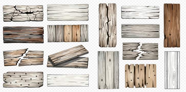 Collection of various aged and weathered wooden planks, panels, and signs with rustic textures.