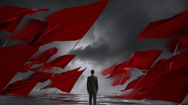 A man stands in front of a sea of red flags