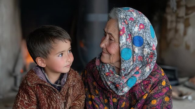 Intergenerational portrait elderly woman and young boy smiling warmly by fireplace, cozy scarf
