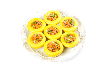 Corn and Vegetable Hash Breakfast in Yellow Squash Boats