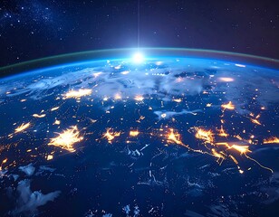 Earth from space at dawn with city lights visible