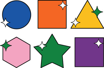 Colorful geometric shape icons set, flat illustration of circle square triangle star and hexagon, playful modern design elements