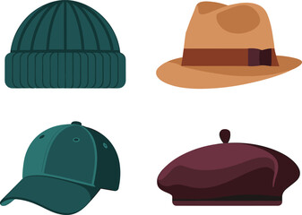 Hat collection icons set, flat illustration of winter beanie fedora cap visor and beret, stylish headwear fashion accessories