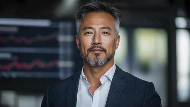 Mature businessman with salt and pepper beard suit and white shirt meditating confidently office