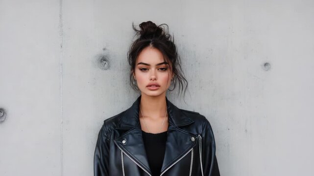 Young woman leather jacket messy bun confident portrait against concrete wall casual fashion