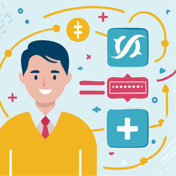 Cartoon man with coding symbols. Vector illustration of programmer or developer. Coding icons and symbols around him. Software development concept. Technology and programming theme.