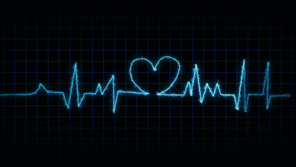 Blue Neon Heartbeat EKG Line on Grid Background electrocardiogram pulse.