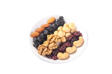 Assorted Dried Nuts and Blueberries Mix on White Plate