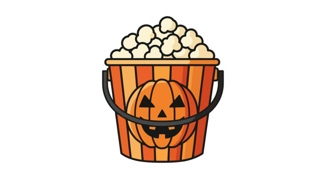 A festive cartoon Halloween popcorn bucket with a smiling jack-o-lantern design and orange stripes.
