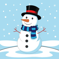 Cute Snowman Illustration with Scarf and Top Hat in Winter Snow Scene