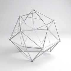 A geometrical structure composed of intersecting, thin rods and transparent planes. The symmetrical design stands on a reflective white surface, showcasing its complexity