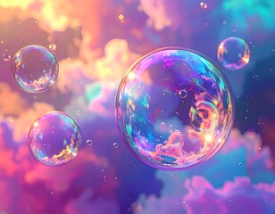 Floating iridescent bubbles reflecting soft dreamy clouds