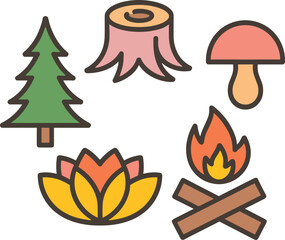Cute forest nature icons set, flat illustration of tree flower mushroom campfire and stump, simple woodland symbols collection