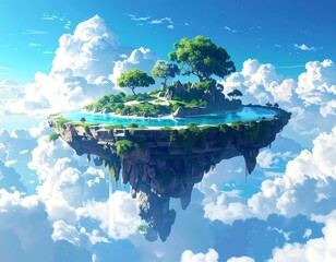 Floating island paradise with lush greenery, trees, and serene water