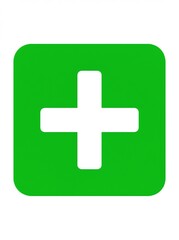 Obraz premium A first aid signage icon. Green square with a white plus symbol for medical and health concepts. Add button for web and app design.